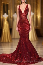 Red Sequins Shiny V-Neck Mermaid Long Semi Formal Prom Dresses